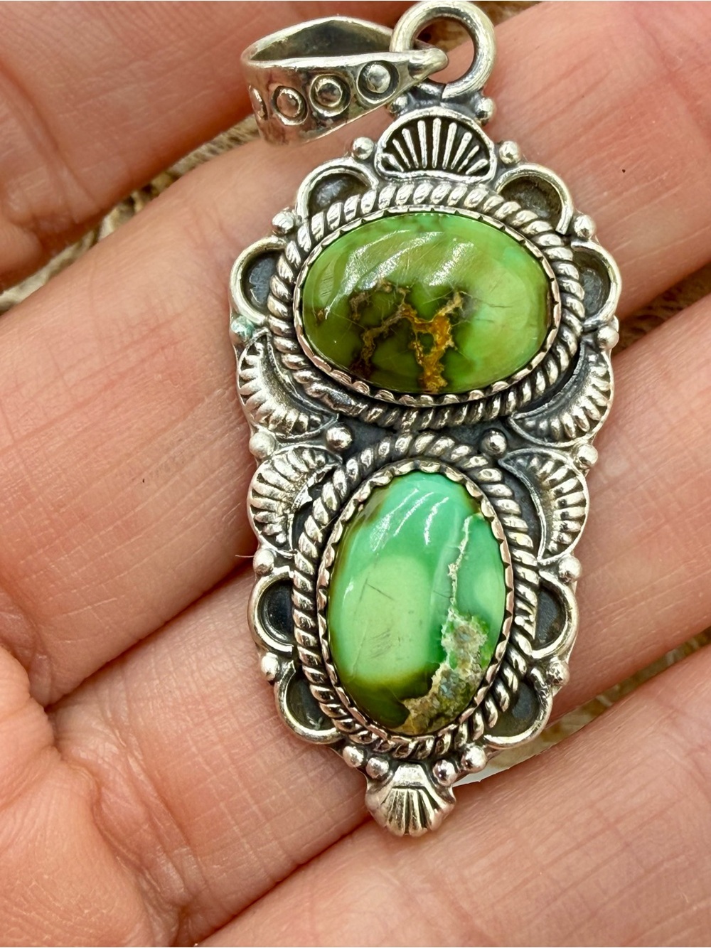 Sterling Silver Double Green Turquoise Southwestern Pendant 2.5” Native American - Picture 7 of 15
